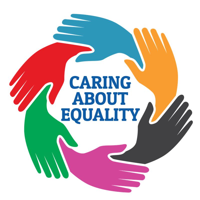 'Caring about equality.' Coloured hands hold each other. 