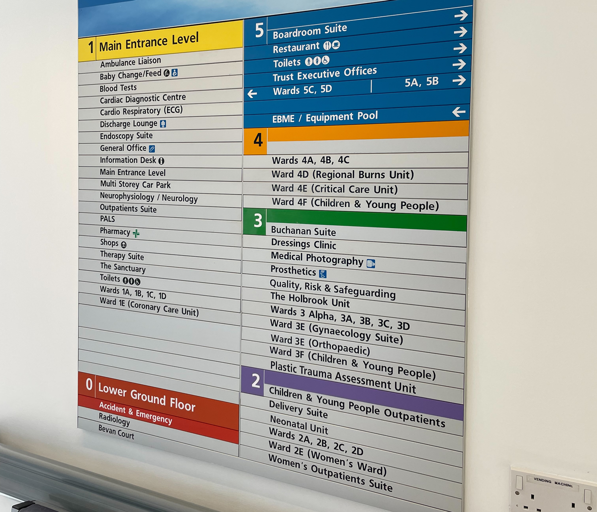 A colour-coded hospital directory board showing departments and wards across Levels 0–5, including Main Entrance services, A&E, Outpatients, Children & Young People, Maternity, Burns, Critical Care, and executive areas, with arrows indicating directions.