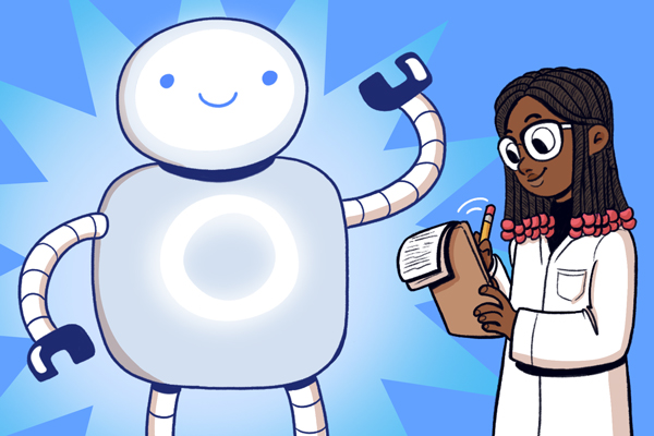 Illustration of a friendly, smiling robot with glowing circular chest panel standing beside a scientist. The scientist, wearing a white lab coat and safety goggles, holds a clipboard and pen while looking down thoughtfully. The robot raises one arm in a cheerful gesture against a bright blue, starburst-style background.
