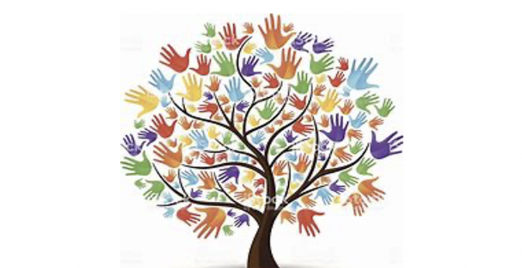 tree with lots of coloured hands as leaves on the branches