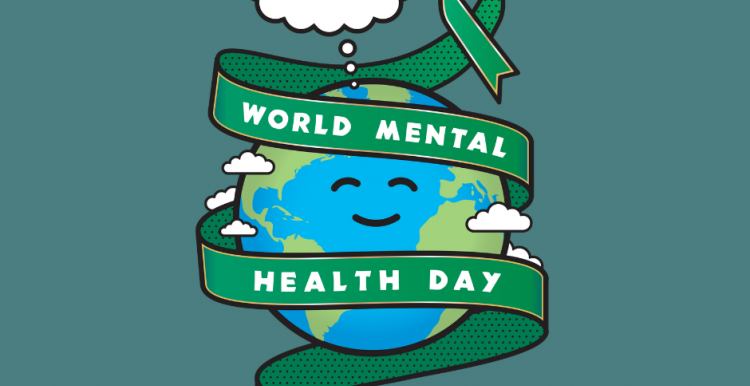 Mental Health Foundation. World mental Health Day logo, a smiling globe with a green ribbon wrapped round. a thinking bubble displays Monday 10th October is. #PinItForMentalHealth mentalhealth.org.uk/ribbon