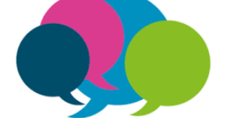 Speech bubble symbols in green, pink and blue. 