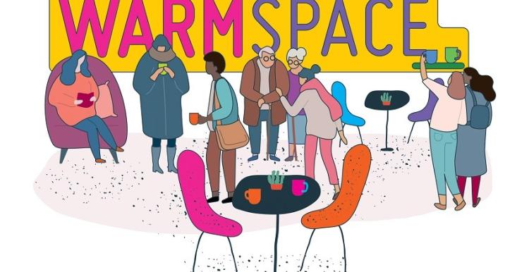 cartoon image of a group of people in a community centre. Table and chairs in the foreground. Sign wirth the words, ‘Warm Space’ in the background.