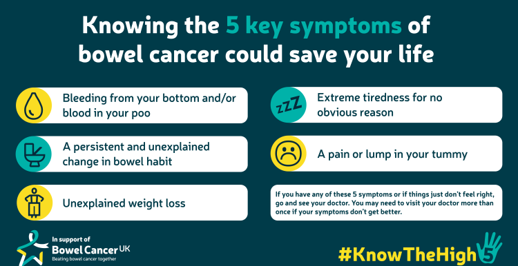 infographic from Bowel Cancer UK on knowing the 5 key symptoms of bowel cancer that could svae your life