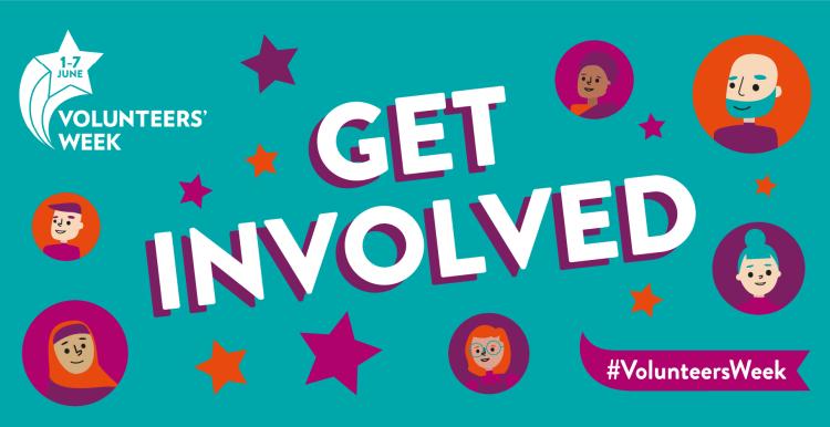 '1-7 June volunteers week. Get involved. #VolunteersWeek' Cartoon images of different people are shown.. 