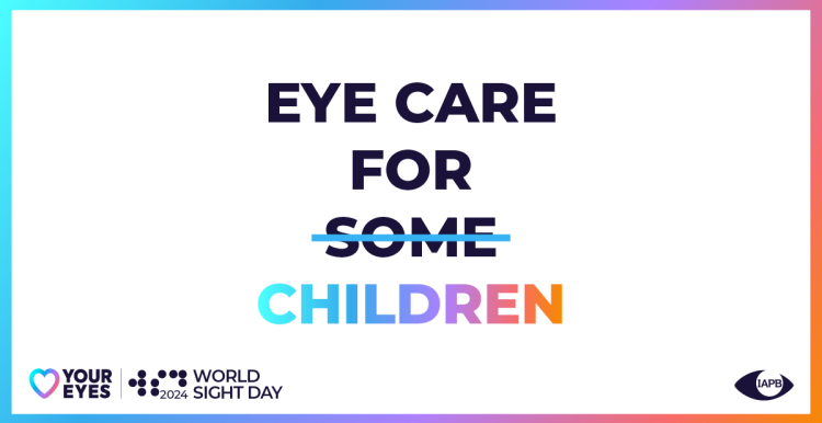 Text reads, 'Eye care for some children'. The word 'some' has a horizontal line going through the letters.