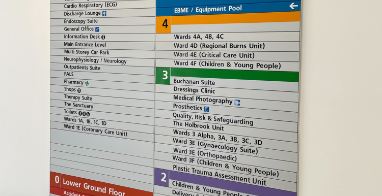 A colour-coded hospital directory board showing departments and wards across Levels 0–5, including Main Entrance services, A&E, Outpatients, Children & Young People, Maternity, Burns, Critical Care, and executive areas, with arrows indicating directions.
