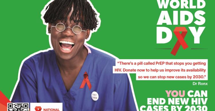 'World Aids Day 1 December 2025. There is a pill called Prep that stops you getting HIV. Dr Ronx You can end new HIV cases by 2030. National Aids Trust.' Red Ribbon symbol. 