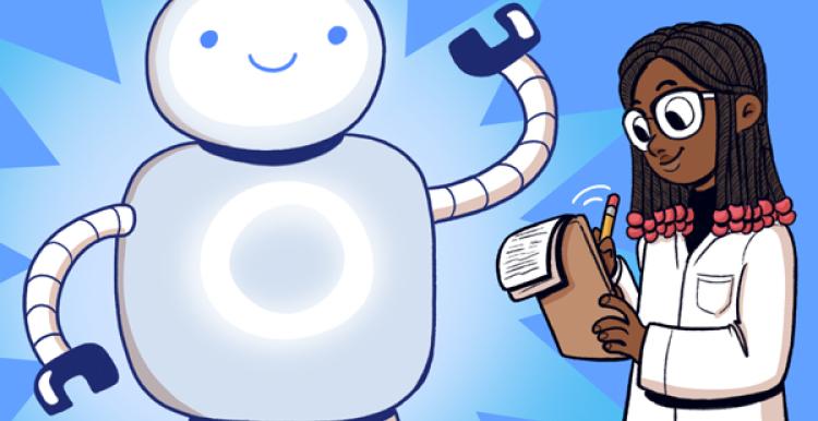 Illustration of a friendly, smiling robot with glowing circular chest panel standing beside a scientist. The scientist, wearing a white lab coat and safety goggles, holds a clipboard and pen while looking down thoughtfully. The robot raises one arm in a cheerful gesture against a bright blue, starburst-style background.