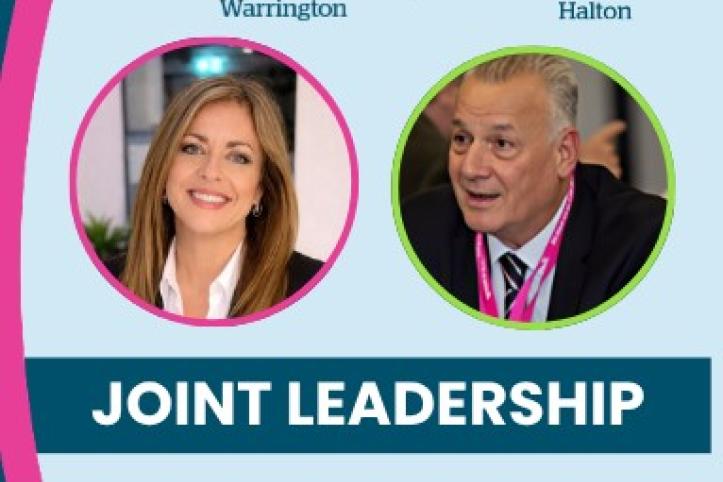 'Healthwatch Warrington Healthwatch Halton joint leadership.' Photographs of joint CO and Joint chair.