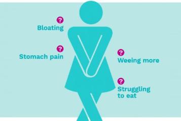 A figure is shown, with arms crossed over the body and legs crossed. Reads; Bloating? stomach pain? struggling to eat? weeing more? 