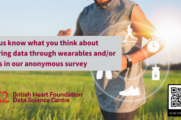 man wearing a smartwatch running in a field. Text reads, ‘Let us know what you think about sharing data through wearables and/or apps in our anonymous survey'