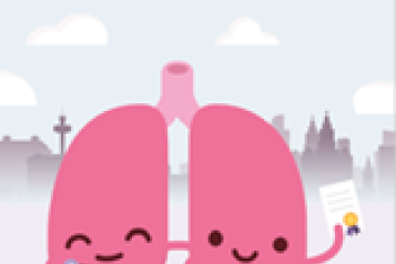 Two happy and healthy looking anaimated lungs holding clipboard and certificate from nhs poster