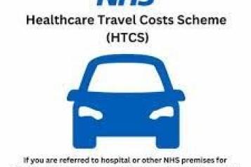 NHS logo. @Healthcare Travel Costs Scheme (HTCS) If you are referred to hospital or other NHS premises for specialist NHS treatment or other diagnostic tests, by  doctor, you may be able to claim a refund of reasonable travel costs.' Image of a car.