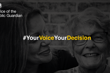 Two women smiling. Text over the image reads, ‘#YourVoiceYourDecision’. Office of the Public Guardian