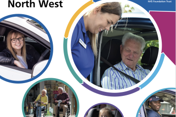 Collage of diverse people including drivers in cars, a couple of people on mobility scooters, and a child in a car seat.