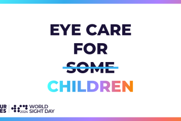 Text reads, 'Eye care for some children'. The word 'some' has a horizontal line going through the letters.