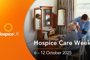 'Hospice Care Week 6 to 12 October 2025 Hospice UK.'  A carer does a women's hair at home. 