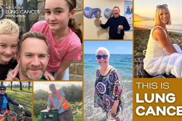 'This is lung cancer. Roy Castle Lung Cancer Foundation' Photos of people of different ages, one with his children.