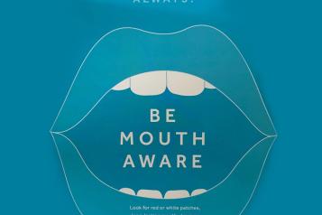 'Not just November always. Be Mouth Aware. Look for red and white patches, long lasting ulcers, unusual lumps and swellings in the mouth, lips, head or neck.' Image of a mouth.