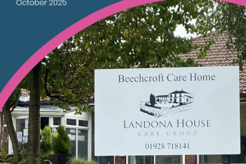 Front exterior of Beechcroft Care Home in Runcorn, showing the Landona House Care Group sign on the lawn with trees and the building in the background.