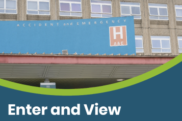 Cover image for an Enter and View report showing the exterior of a hospital Accident and Emergency department. The A&E sign is visible on the building. Healthwatch Warrington and Healthwatch Halton logos appear at the top. The title reads: “Enter and View – Warrington and Halton Hospital A&E department, Announced Visit, 29/10/2025.