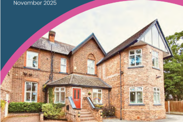 Front exterior of Trewan House Care Home in Widnes, a red-brick Victorian building with a red front door, pitched roofs and large windows, pictured during a Healthwatch Halton Enter & View visit in November 2025.