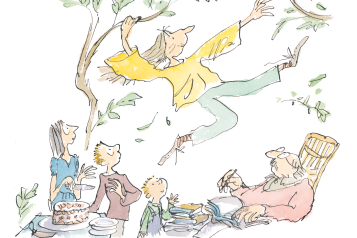 'Courage' An illustration of a woman leaping as a family looks on. 