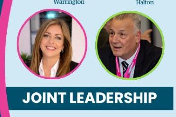'Healthwatch Warrington Healthwatch Halton joint leadership.' Photographs of joint CO and Joint chair.