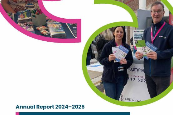 Cover page of the Healthwatch Halton Annual Report 2024–2025 titled "Unlocking the power of people-driven care." The page features two circular photos: one shows a woman seated at an information stall with leaflets, pens, and a balloon; the other shows a man and a woman standing at a public engagement event, holding Healthwatch leaflets. The Healthwatch logo appears at the top right.