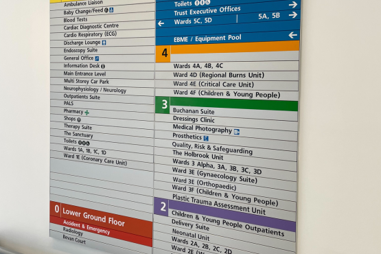 A colour-coded hospital directory board showing departments and wards across Levels 0–5, including Main Entrance services, A&E, Outpatients, Children & Young People, Maternity, Burns, Critical Care, and executive areas, with arrows indicating directions.