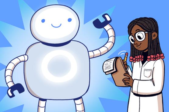 Illustration of a friendly, smiling robot with glowing circular chest panel standing beside a scientist. The scientist, wearing a white lab coat and safety goggles, holds a clipboard and pen while looking down thoughtfully. The robot raises one arm in a cheerful gesture against a bright blue, starburst-style background.