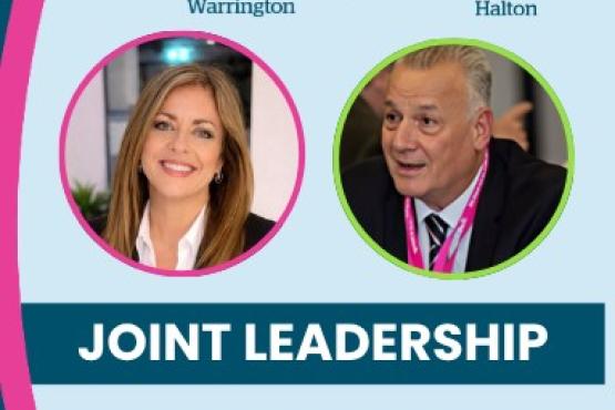 'Healthwatch Warrington Healthwatch Halton joint leadership.' Photographs of joint CO and Joint chair.