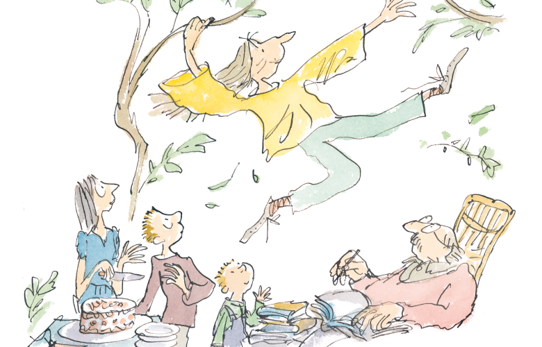 'Courage' An illustration of a woman leaping as a family looks on. 