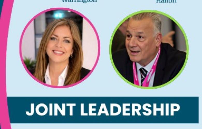'Healthwatch Warrington Healthwatch Halton joint leadership.' Photographs of joint CO and Joint chair.