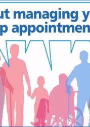 Graphic of a group of people, including men, women, children and a person in a wheelchair. Speech bubble above their heads reads, 'Ask about managing your own follow-up appointments today.'