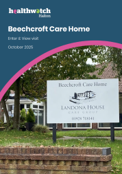 Front exterior of Beechcroft Care Home in Runcorn, showing the Landona House Care Group sign on the lawn with trees and the building in the background.