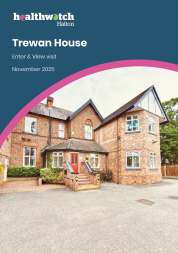 Front exterior of Trewan House Care Home in Widnes, a red-brick Victorian building with a red front door, pitched roofs and large windows, pictured during a Healthwatch Halton Enter & View visit in November 2025.